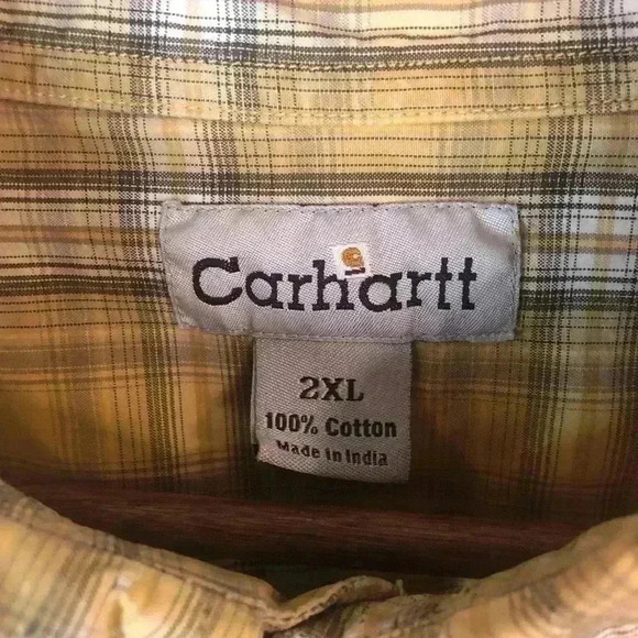 Carhartt Mens 2XL Yellow Check Print Button Down Shirt S/S Cotton Logo - Picture 3 of 4